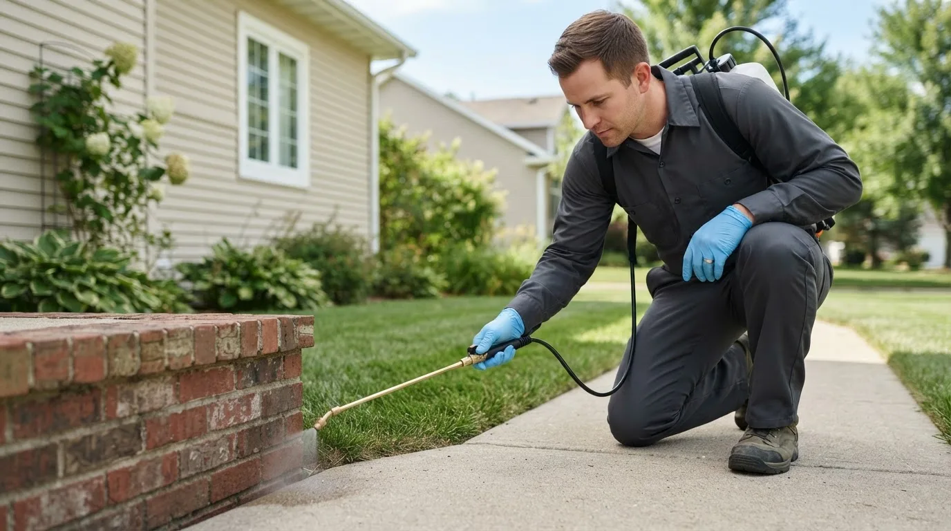Pest control technician treating a home near Aubrey, AR
